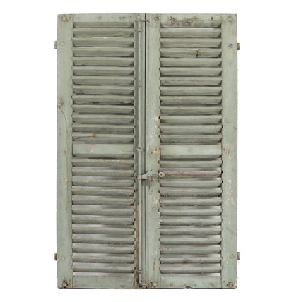 A pair of vintage French soft green/grey painted shutters from Provence.