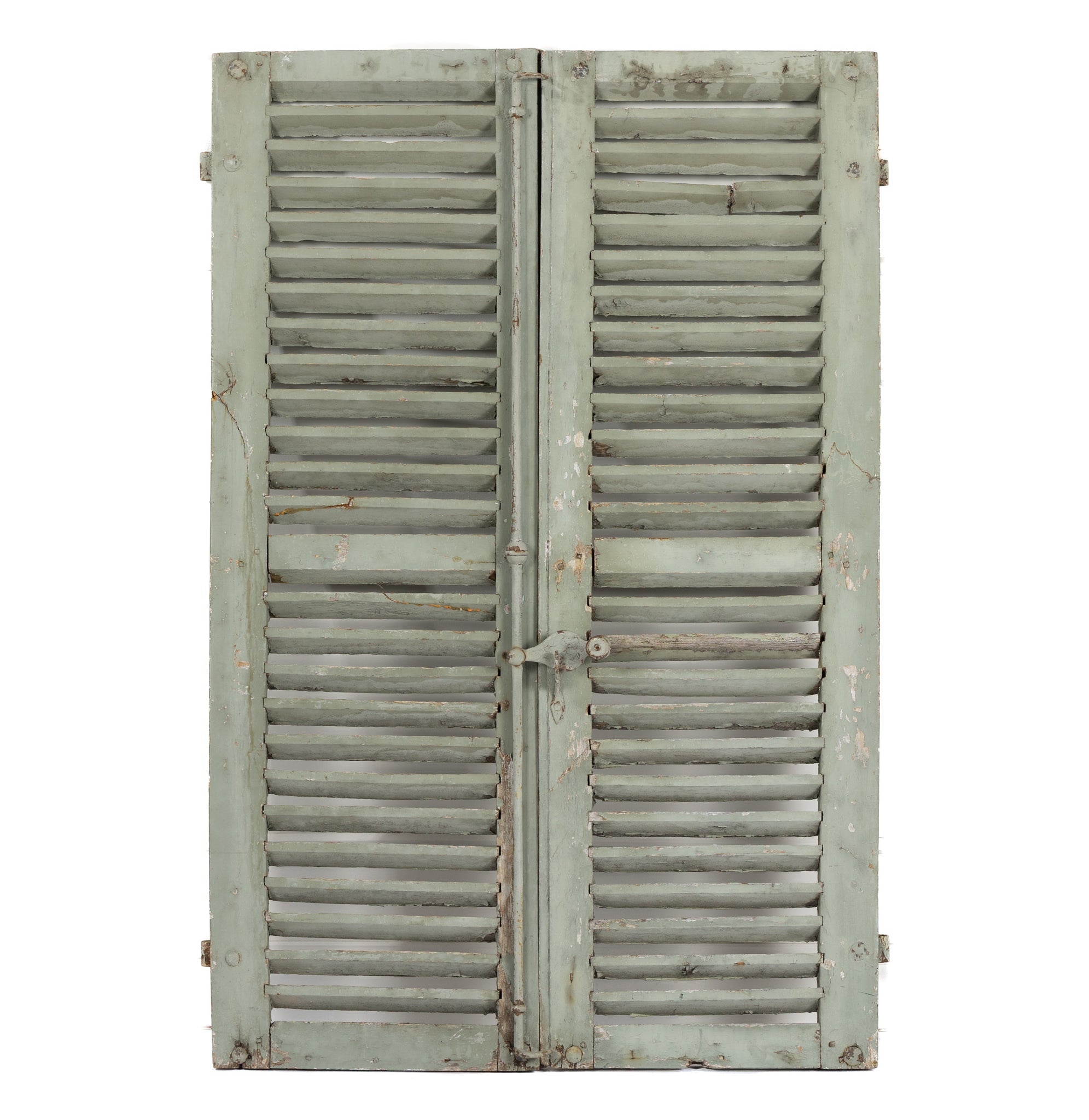 A pair of vintage French soft green/grey painted shutters from Provence.