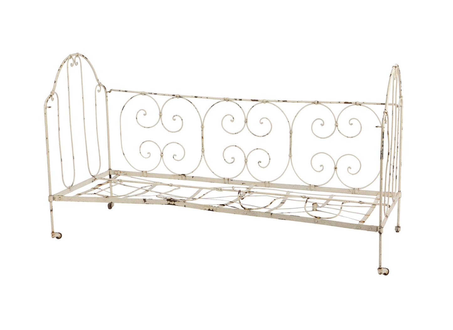 Vintage French white painted metal daybed on small castors from Provence.